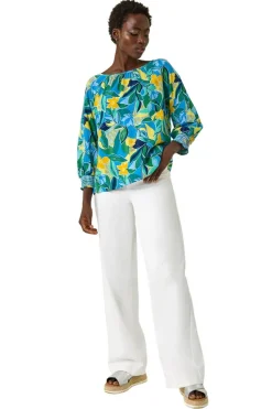 Roman Blue Leaf Print 3/4 Sleeve Top