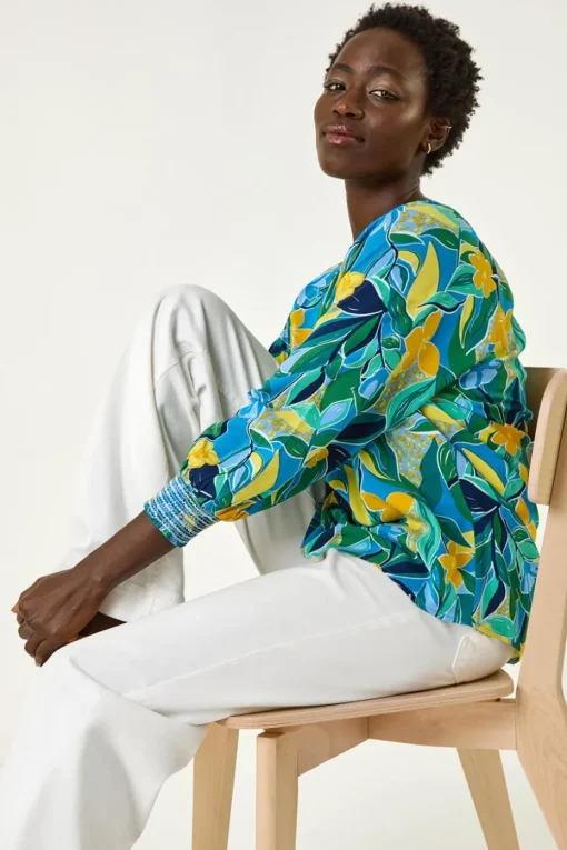Roman Blue Leaf Print 3/4 Sleeve Top