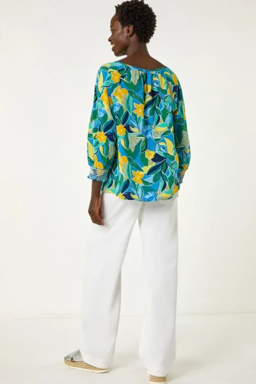Roman Blue Leaf Print 3/4 Sleeve Top