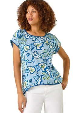 Roman Blue Leaf Print Bobble Trim Tee