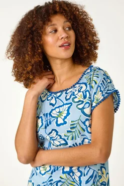 Roman Blue Leaf Print Bobble Trim Tee