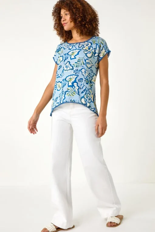 Roman Blue Leaf Print Bobble Trim Tee