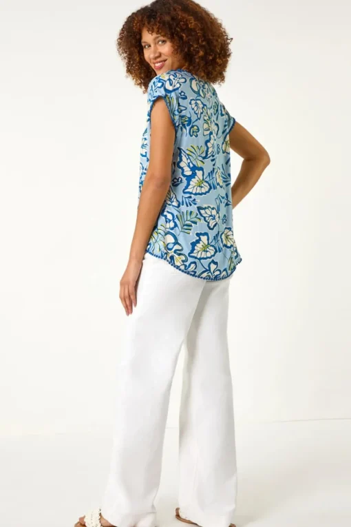 Roman Blue Leaf Print Bobble Trim Tee