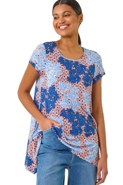 Roman Blue Leaf Print Hanky Hem Tunic Top