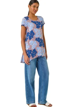 Roman Blue Leaf Print Hanky Hem Tunic Top