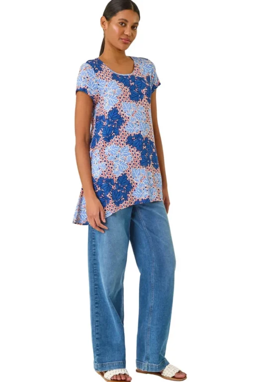 Roman Blue Leaf Print Hanky Hem Tunic Top