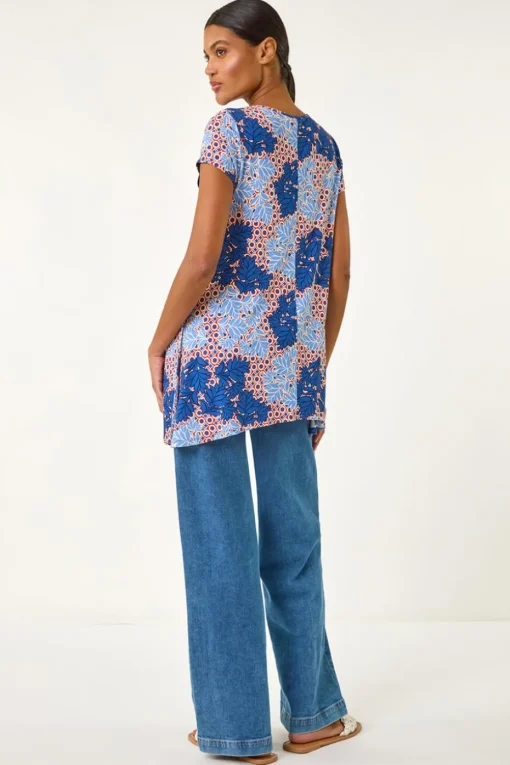 Roman Blue Leaf Print Hanky Hem Tunic Top