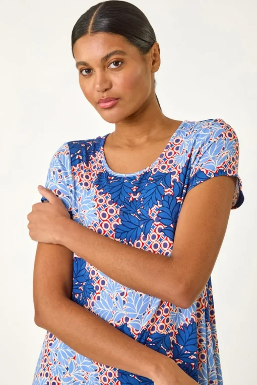 Roman Blue Leaf Print Hanky Hem Tunic Top