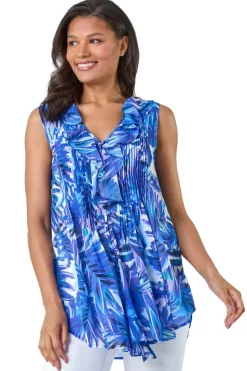 Roman Blue Leaf Print Ruffle Front Buttoned Blouse