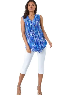 Roman Blue Leaf Print Ruffle Front Buttoned Blouse