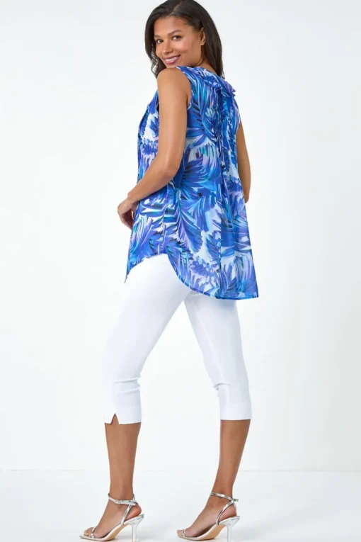 Roman Blue Leaf Print Ruffle Front Buttoned Blouse