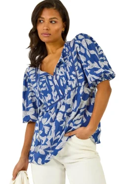 Roman Blue Leaf Print Tie Neck Pleated Top