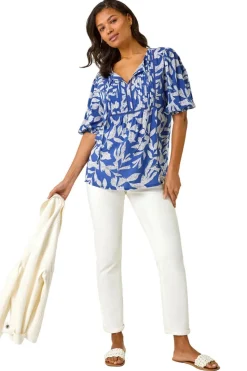 Roman Blue Leaf Print Tie Neck Pleated Top