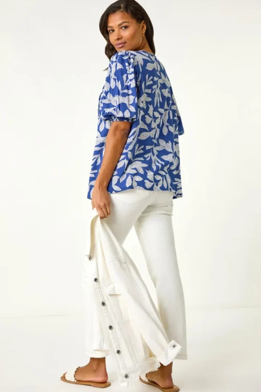 Roman Blue Leaf Print Tie Neck Pleated Top