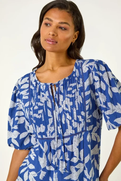 Roman Blue Leaf Print Tie Neck Pleated Top
