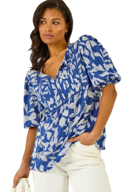 Roman Blue Leaf Print Tie Neck Pleated Top