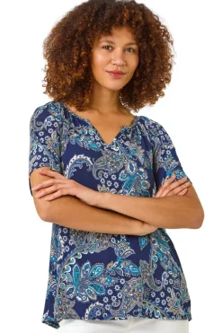 Roman Blue Paisley Print Gathered Stretch Top