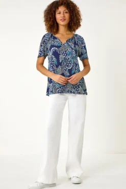 Roman Blue Paisley Print Gathered Stretch Top