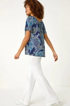 Roman Blue Paisley Print Gathered Stretch Top