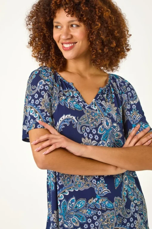 Roman Blue Paisley Print Gathered Stretch Top