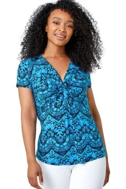 Roman Blue Petite Aztec Knot Detail V-Neck Stretch Top