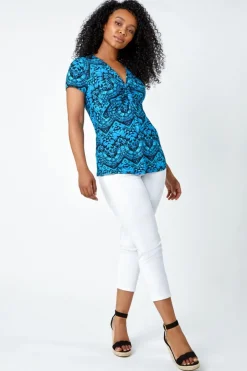 Roman Blue Petite Aztec Knot Detail V-Neck Stretch Top
