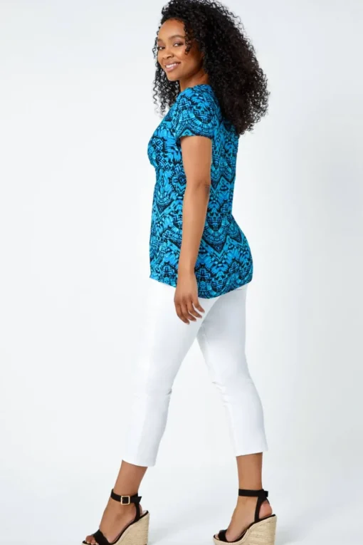 Roman Blue Petite Aztec Knot Detail V-Neck Stretch Top