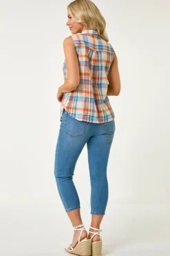 Roman Blue Petite Check Print Button Blouse