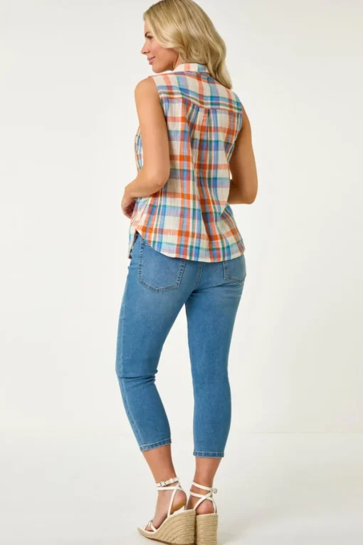 Roman Blue Petite Check Print Button Blouse
