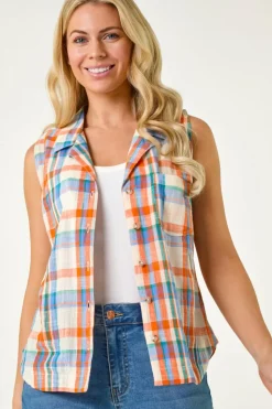 Roman Blue Petite Check Print Button Blouse