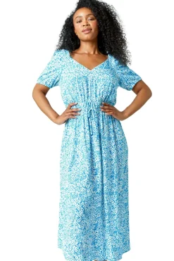 Roman Blue Petite Ditsy Floral Stretch Midi Dress