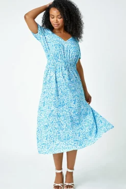 Roman Blue Petite Ditsy Floral Stretch Midi Dress