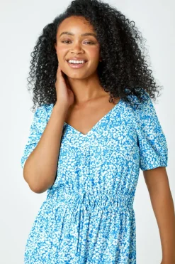Roman Blue Petite Ditsy Floral Stretch Midi Dress