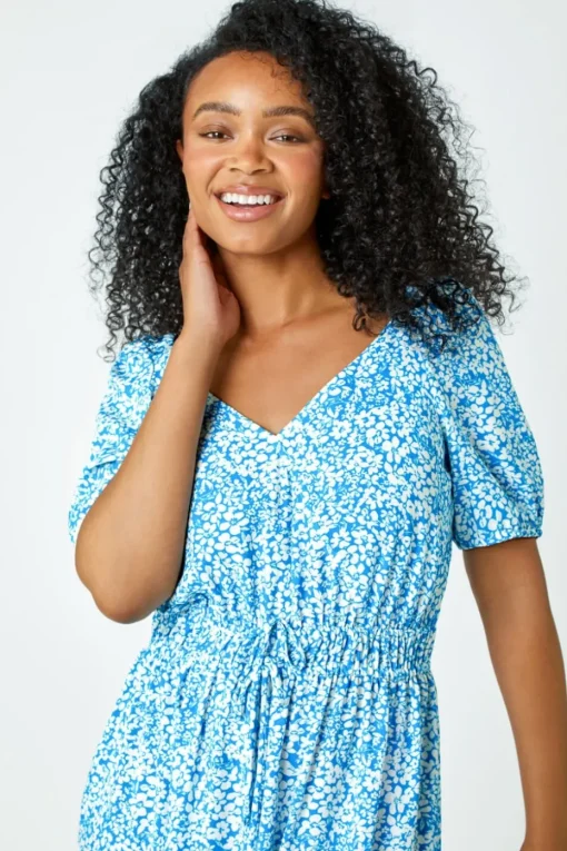 Roman Blue Petite Ditsy Floral Stretch Midi Dress