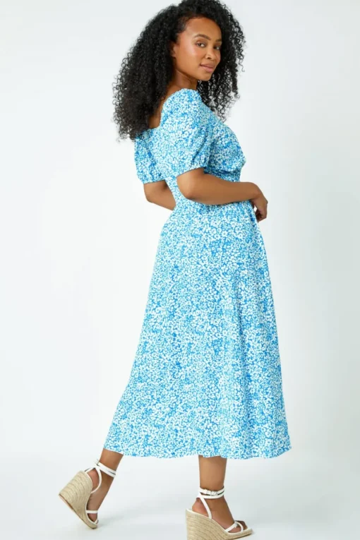 Roman Blue Petite Ditsy Floral Stretch Midi Dress