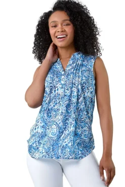 Roman Blue Petite Paisley Pleat Front Button Top