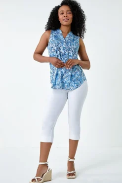 Roman Blue Petite Paisley Pleat Front Button Top