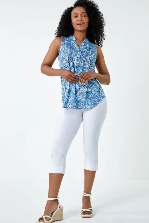 Roman Blue Petite Paisley Pleat Front Button Top