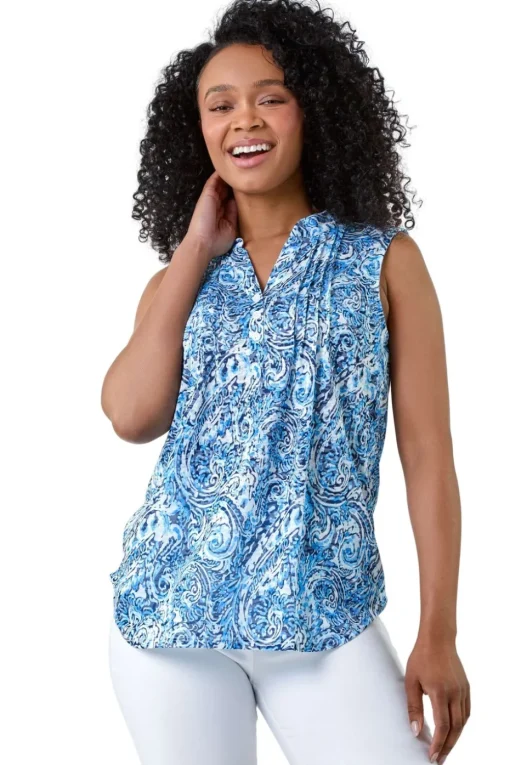 Roman Blue Petite Paisley Pleat Front Button Top