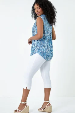 Roman Blue Petite Paisley Pleat Front Button Top