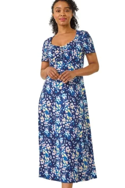 Roman Blue Petite Stretch Floral Ruched Front Dress