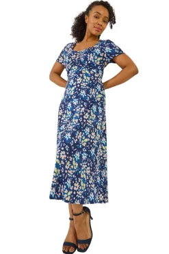 Roman Blue Petite Stretch Floral Ruched Front Dress