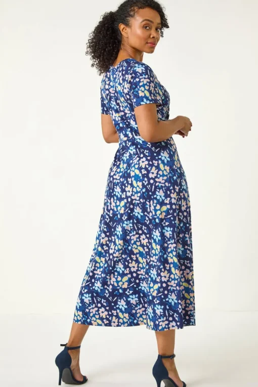 Roman Blue Petite Stretch Floral Ruched Front Dress