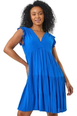 Roman Blue Petite V-Neck Frill Short Dress