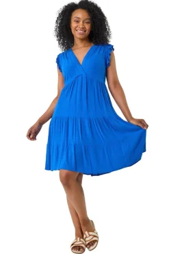 Roman Blue Petite V-Neck Frill Short Dress