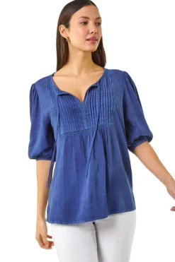 Roman Blue Pleated Tie Neck Top