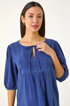 Roman Blue Pleated Tie Neck Top