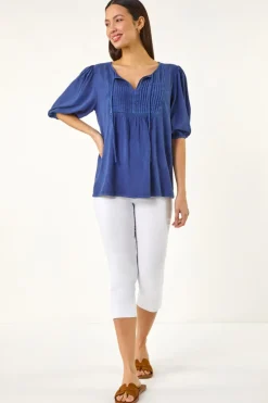 Roman Blue Pleated Tie Neck Top