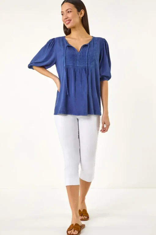 Roman Blue Pleated Tie Neck Top