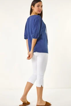Roman Blue Pleated Tie Neck Top